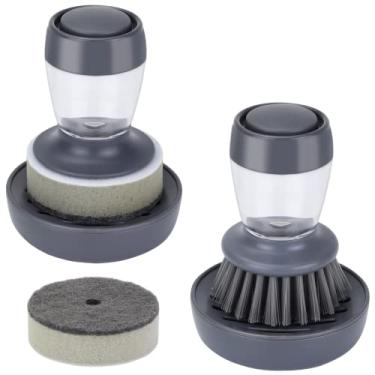 Imagem de DAPOWER Escova de louça com dispensador de sabão, escova de cozinha para louças, panelas, limpeza de pia, esfregão de pratos com suporte (conjunto combo cinza com 2 unidades)