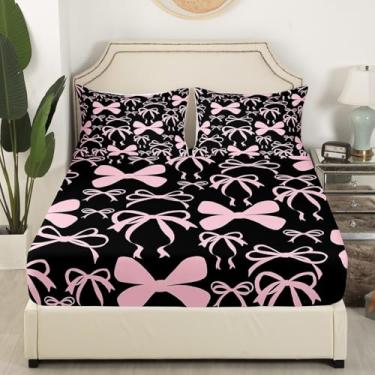 Imagem de Feelyou Jogo de lençol solteiro com laço, preto e rosa, para crianças, mulheres, homens, ultramacio, com laço, kawaii, decoração de quarto