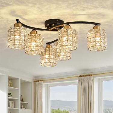 Imagem de Lustre de Cristal Preto e Dourado 6 Lâmpadas — Luminária de Teto Moderna e Imponente com Cúpulas K9 para Sala de Estar, Sala de Jantar e Quarto, Soquete E14 (Máx. 40W, Lâmpadas Não Inclusas)