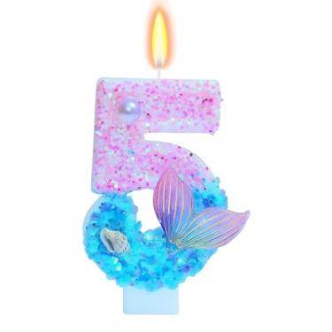 Imagem de Velas de aniversário com tema de sereia, velas de número de glitter para meninas para bolo, número 4, topo de bolo para velas temáticas de jogos, decoração de aniversário, suprimentos para celebrações