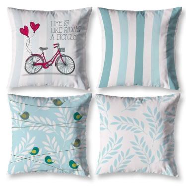 Imagem de Kit 4 Capas Almofada Sala 40Cm X 40Cm Estampadas Bike Verde