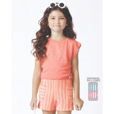 Imagem de Conjunto blusa pérola shorts verão charmoso leve fresquinho - Azul e Rosa - Menina 4 a 14 anos-Feminino