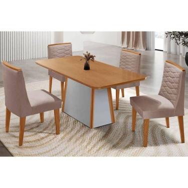 Imagem de Mesa Cozinha Tilia c/ Tampo Madeirado Canto Curvo 120x80cm e 4 Cadeiras Maldivas Madeira Maciça Naturale/Off White - Capuccino/Linho Capuccino-Rufato