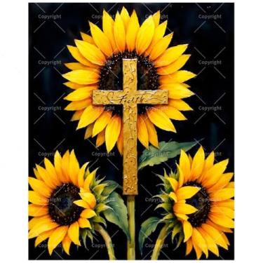 Imagem de Kit de pintura floral cristã por números para adultos - DIY Faith Cross com girassóis pintura em tela 40,6 x 50,8 cm, conjunto de tinta acrílica, adequado para iniciantes, arte inspiradora para
