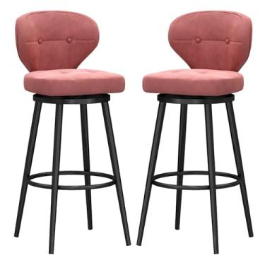 Imagem de Banquetas de bar estofadas giratórias de veludo com apoio para os pés de metal, bancos de bar com altura giratória conjunto de 2, bancos de balcão com encosto, cadeira de bar moderna para ilha de