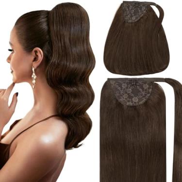 Imagem de Caliee Extensões de cabelo humano Rabo de cavalo Extensões de Rabo de Cavalo Longo Liso 100% Cabelo Real 90G 2A Extensão de Rabo de Cavalo Marrom Escuro Claro Peruca de Cabelo Humano para Mulheres 55