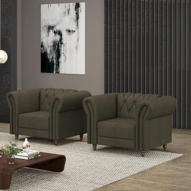 Imagem de Kit 2 Poltronas Decorativas Sala de Estar Stanford Chesterfield Pés de Madeira Couro Capuccino G58 - Gran Belo