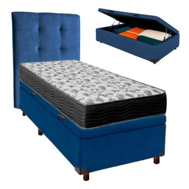Imagem de Conjunto Cama Box Bau Azul Solteiro + Colchão D33 Iso100 Ortobom + Cabeceira