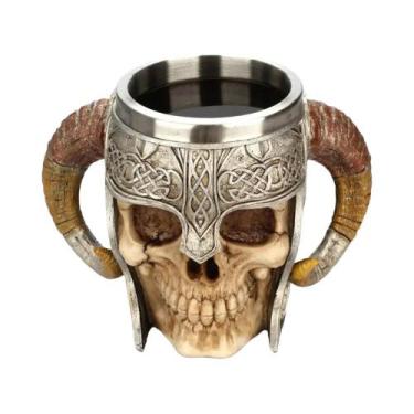 Imagem de Caneca Viking De Caveira Em Aço Inoxidável E Resina, Copo De Cerveja, 