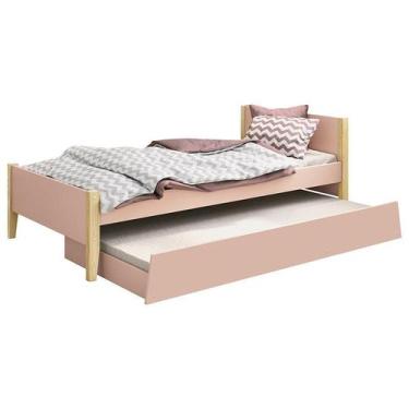 Imagem de Cama Solteiro com Auxiliar Simba Rosa Acetinado com Pés Natural  Relle