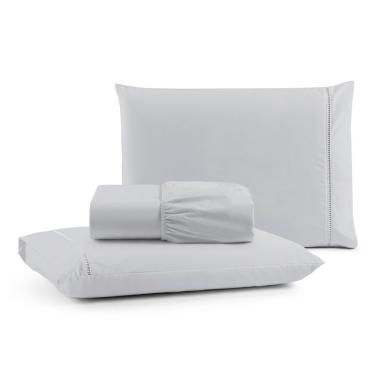 Imagem de Jogo De Lençol Queen Premium Soft 600 Fios Micropercal Cinza Ponto Palito Toque Macio 3 Peças