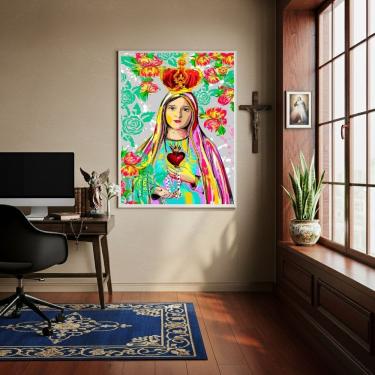 Imagem de Quadro Decorativo Virgem Maria Coração Flores  - 70x50cm