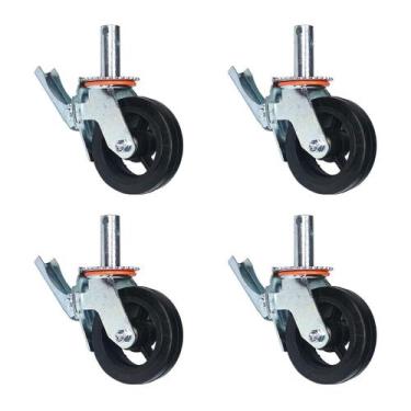 Imagem de Kit 4 Rodízios Giratórios Roda Metálica Borracha Andaime 6" Trava Frei