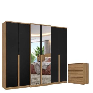 Imagem de Guarda Roupa Casal Valência 6 Portas Full Glass Capuccino Preto e Cômoda Gaveteiro Condessa Acetinado - THB