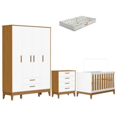 Imagem de Quarto de Bebê Flip Guarda Roupa 4 Portas Branco Acetinado Savana com Colchão Gazin - Reller