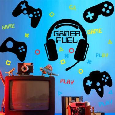 Imagem de Adesivos de parede Gamer Fuel Cartoon, fone de ouvido e controladores 