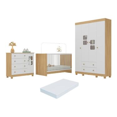Imagem de Conjunto de Quarto de Bebê com Berço 3 em 1 com Colchão Mp4534 5 Portas 6 Gavetas Mdf-mdp 122cm Branco Multimóveis
