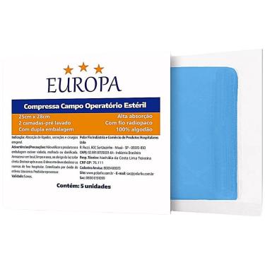 Imagem de Compressa Campo Operatório Estéril Polar Fix Europa com Fio Radiopaco 2 Camadas Algodão 25x28cm 5 Unidades