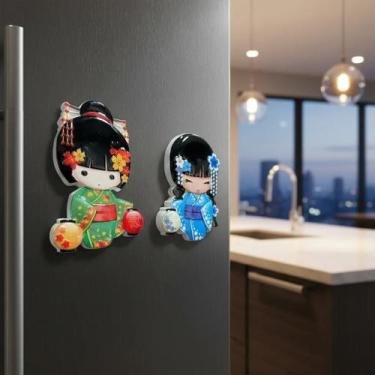 Imagem de 2 Ímã Decorativo Gueixa Japonesinha De Kimono Em Porcelana Colorido Gu