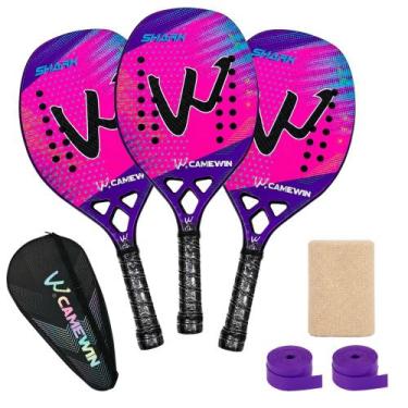 Imagem de Kit 3 Raquetes Beach Tennis Camewin Fibra de Carbono 3K, Shark pink