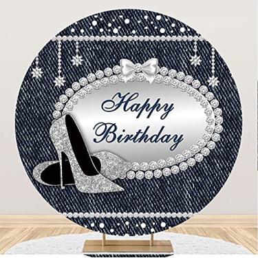 Imagem de Yeele 2,1 x 2,12 m fundo redondo denim diamantes glitter cristal brilhante fundo fotografia para meninas festa de aniversário banner decoração bolo mesa banner suprimentos cabine de fotos suporte