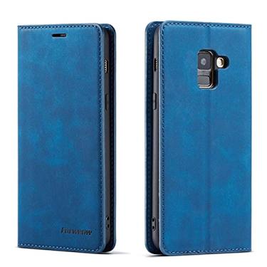 Imagem de Capa ultra fina multifunções de couro legítimo carteira capa para Samsung Galaxy A8 2018/A530,2 em 1 capa carteira magnética flip, capa inferior de TPU com compartimento para cartão capa traseira para telefone (cor: azul)