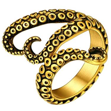 Imagem de ChainsHouse Anel punk polvo antigo para homens e mulheres, aço inoxidável 316L/ouro 18k/metal preto, tamanho 7-14, com caixa de presente, Metal