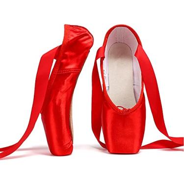 Imagem de BININBOX Sapatos de balé de lona para meninas Sapatos de ponta de cetim profissional, Red a, 5.5 Big Kid