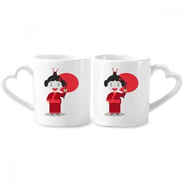 Imagem de Conjunto de canecas de porcelana para casal, desenho japonês, vermelho, branco, coração, coração
