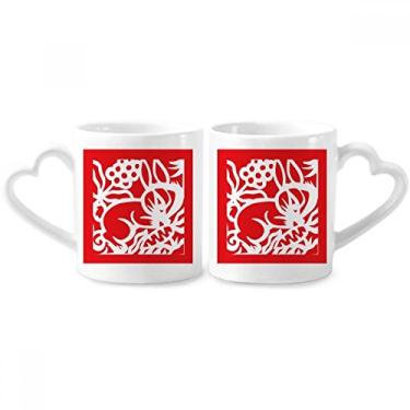 Imagem de Conjunto de canecas de porcelana para casal, coelhos cortados em papel, animais do zodíaco, chinesa, conjunto de canecas de cerâmica para amantes,