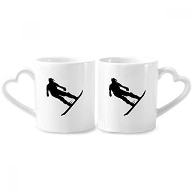 Imagem de Conjunto de canecas de porcelana para casal, jogador de esqui, quadro, de esqui, de cerâmica, com alça de coração