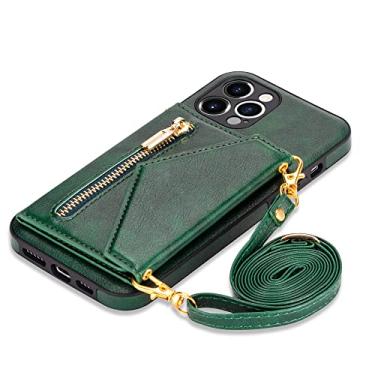 Imagem de Carteira com zíper para iPhone 14 13 12 Mini 11 X XR XS Pro Max 7 8 Plus Case com alça de cordão de cartão Capa de couro transversal, verde, para iPhone 13 Pro