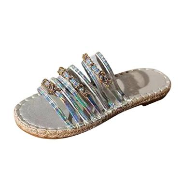 Imagem de Chinelos femininos P tamanho 5 feminino moda transparente PVC corrente de metal decorativa topo redondo sandálias de palha de fundo grosso (prata, 35)