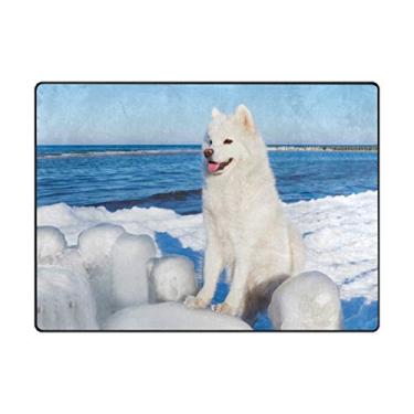 Imagem de ColourLife Tapetes de área leve e macio para cachorro branco Samoied olhando para o mar, tapete para crianças, sala de jogos, piso de madeira, sala de estar, 160 x 122 cm