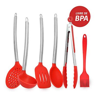 Imagem de KIT UTENSILIOS DE COZINHA DE SILICONE VERMELHO CABO INOX K4