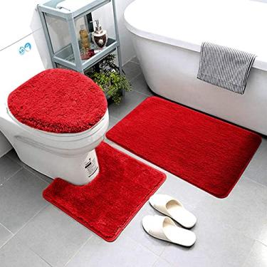 Imagem de KiKiYe Conjunto de 3 peças de tapetes de banheiro inclui tapete de banho, tapete de contorno e tampa de vaso sanitário, lavável na máquina, microfibra super macia; tapetes de banheiro antiderrapantes com suporte de borracha sólido