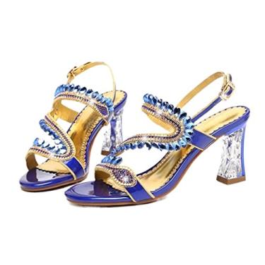 Imagem de Sandálias De Verão Femininas De Couro Strass Com Abertura Oco E Sapatos De Salto Alto Sandálias garota (Color : Blue, Size : 35)