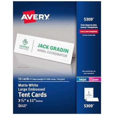 Imagem de Avery Cartões de barraca imprimíveis, 8,9 cm x 28 cm, brancos com borda em relevo, 50 cartões de lugar em branco para impressoras a laser e jato de tinta (5309)