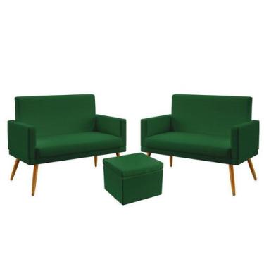 Imagem de Kit 2 Poltronas Namoradeira Vega com Rodapé e Puff Quasar Suede Verde 