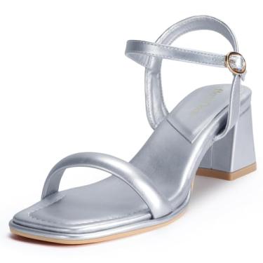 Imagem de Heels Charm Sandália feminina de salto grosso, salto alto, 6 cm, bico aberto, tira no tornozelo, salto alto, sandália para dança, uso diário, trabalho, festa, Prata, 37