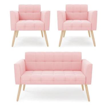 Imagem de Kit 1 Sofá Namoradeira E 2 Poltronas Elisa Suede Rosa Bebê Pés Palito 