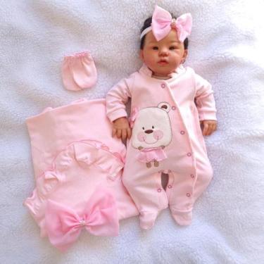 Imagem de Saída maternidade bebê menina delicada com manta bordado ursa cabeção 