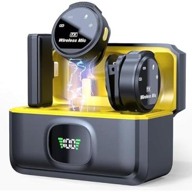 Imagem de Microfone Sem Fio Duplo Lapela Celular, Microfone de lapela profissional sem fio com capa de carregamento, 2 mini microfones sem fio com cancelamento de ruído (Tipo-C)
