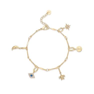 Imagem de PAVOI Pulseira ajustável banhada a ouro 14K para mulheres | Pulseira de corrente com pingente de barra torcida e clipe de papel com lua, olho turco, urso de pelúcia, cadeado de coração, avião