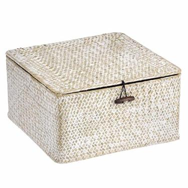 Imagem de Hipiwe Cestos de armazenamento de algas marinhas de lavagem branca caixas grandes de cesta de vime com tampa, 27 x 27 x 14 cm