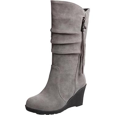 Imagem de Botas femininas de inverno quentes de camurça com zíper anabela botas de neve para uso ao ar livre, Cinza, 9.5