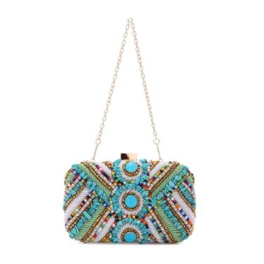 Imagem de Fecialy Bolsa clutch feminina de pedra natural quadrada/coração para noite bolsa com contas bolsa de ombro transversal de cetim com corrente, Colorido.