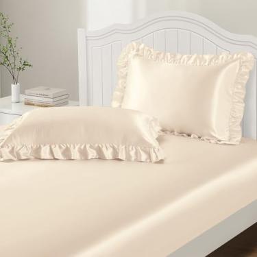 Imagem de P Pothuiny Conjunto de 3 peças de fronhas de cetim com babados e lençol King com elástico, luxuoso, bege claro, cetim, sedoso, fofo, para decoração de quarto, sem rugas, bolso profundo de 38 cm