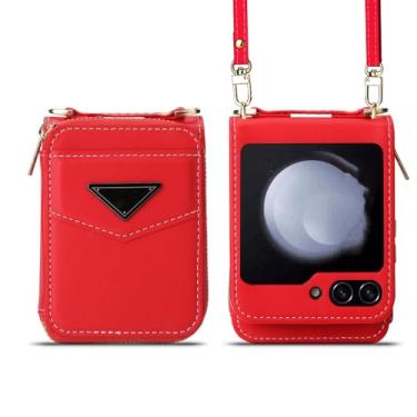 Imagem de Capa de telefone tipo carteira crossbody para Samsung Flip5 Flip4 5G com suporte para cartão e alça de couro, vermelha, para Galaxy Z Flip3 5G
