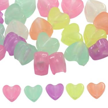 Imagem de Verkelly 100 contas de coração que brilham no escuro, contas de pônei coloridas de acrílico para fazer joias DIY, 10 x 9 mm